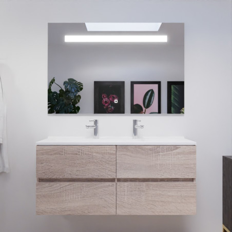 Meuble salle de bain double vasque suspendu 120 cm avec plan vasque ROSALY et miroir led Elegance h80 cm - Cambrian Oak Chêne