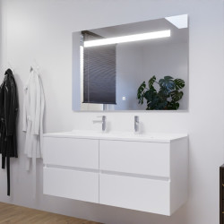 Meuble salle de bain double vasque suspendu 120 cm avec plan vasque ROSALY et miroir led Elegance h80 cm - Blanc brillant