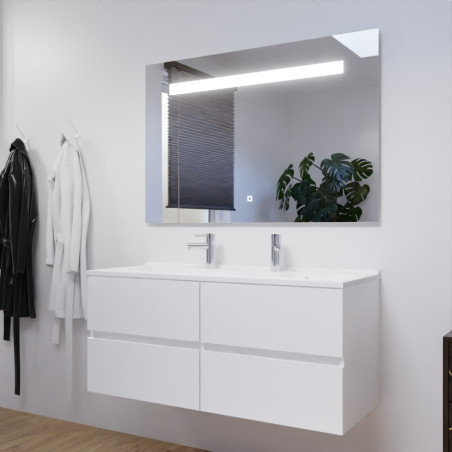 Meuble salle de bain double vasque suspendu 120 cm avec plan vasque ROSALY et miroir led Elegance h80 cm - Blanc brillant