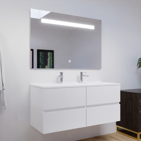 Meuble salle de bain double vasque suspendu 120 cm avec plan vasque ROSALY et miroir led Elegance h80 cm - Blanc brillant
