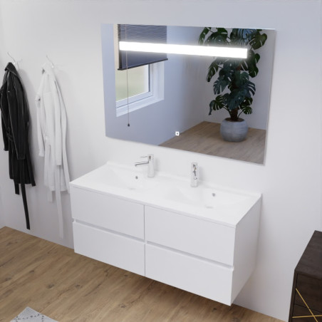 Meuble salle de bain double vasque suspendu 120 cm avec plan vasque ROSALY et miroir led Elegance h80 cm - Blanc brillant