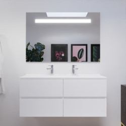 Meuble salle de bain double vasque suspendu 120 cm avec plan vasque ROSALY et miroir led Elegance h80 cm - Blanc brillant