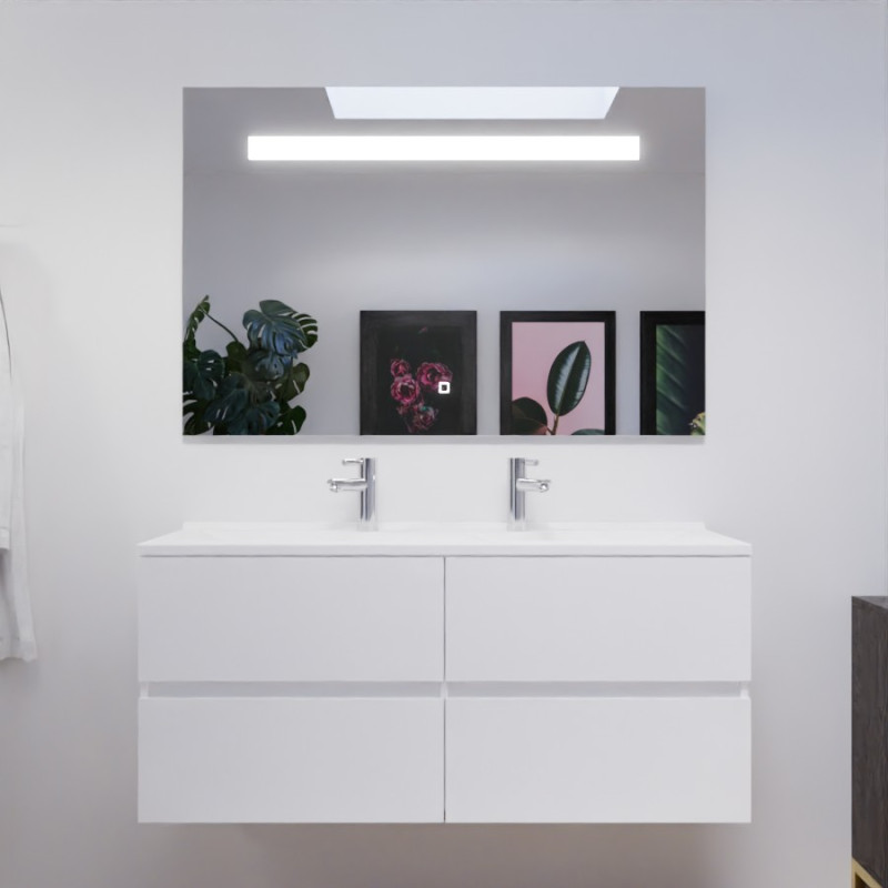 Meuble salle de bain double vasque suspendu 120 cm avec plan vasque ROSALY et miroir led Elegance h80 cm - Blanc brillant Meuble salle de bain double vasque suspendu 120 cm avec plan vasque ROSALY et miroir led Elegance h80 cm - Blanc brillant