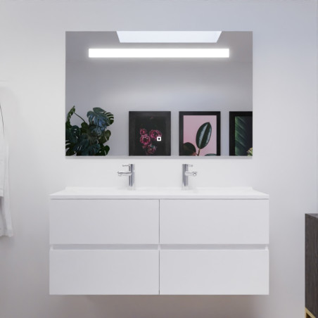 Meuble salle de bain double vasque suspendu 120 cm avec plan vasque ROSALY et miroir led Elegance h80 cm - Blanc brillant