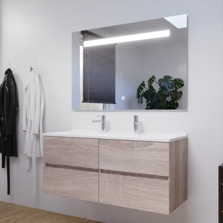 Meuble salle de bain double vasque suspendu 120 cm avec plan vasque ROSALY et miroir led Elegance h80 cm - Cambrian Oak Chêne
