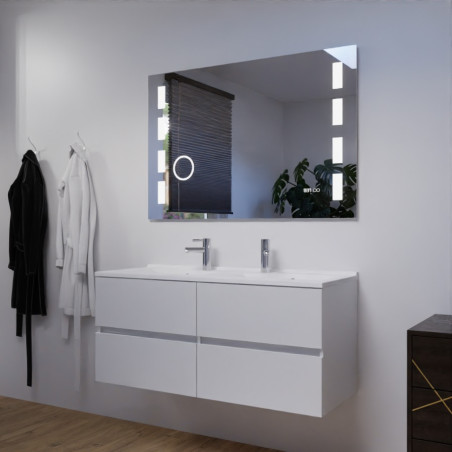 Meuble salle de bain double vasque suspendu 120 cm avec plan vasque ROSALY et miroir Excellence - Blanc brillant