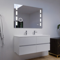 Meuble salle de bain double vasque suspendu 120 cm avec plan vasque ROSALY et miroir Excellence - Blanc brillant