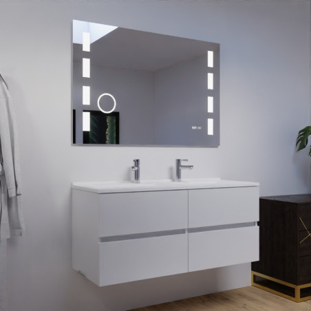 Meuble salle de bain double vasque suspendu 120 cm avec plan vasque ROSALY et miroir Excellence - Blanc brillant