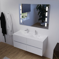 Meuble salle de bain double vasque suspendu 120 cm avec plan vasque ROSALY et miroir Excellence - Blanc brillant