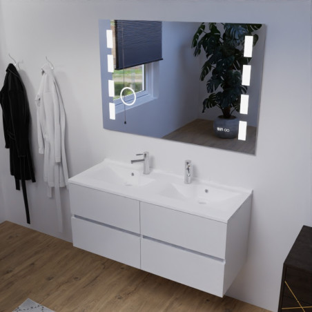Meuble salle de bain double vasque suspendu 120 cm avec plan vasque ROSALY et miroir Excellence - Blanc brillant