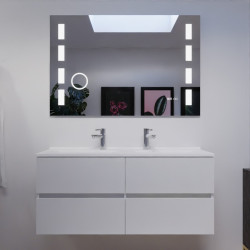 Meuble salle de bain double vasque suspendu 120 cm avec plan vasque ROSALY et miroir Excellence - Blanc brillant