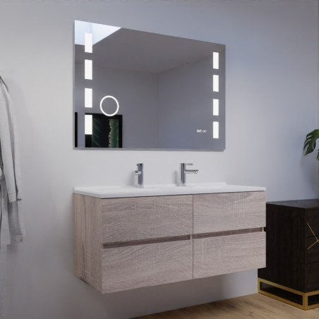 Meuble salle de bain double vasque suspendu 120 cm avec plan vasque ROSALY et miroir Excellence - Cambrian Oak Chêne