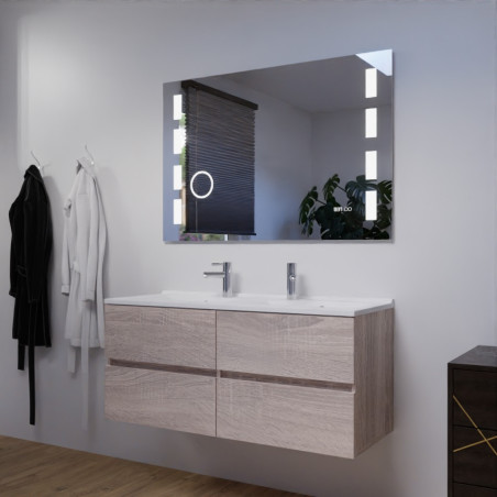 Meuble salle de bain double vasque suspendu 120 cm avec plan vasque ROSALY et miroir Excellence - Cambrian Oak Chêne