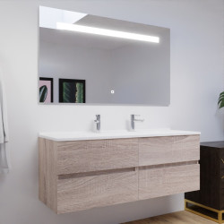Meuble salle de bain double vasque suspendu 140 cm avec plan vasque ROSALY et miroir led Elegance h80 cm - Cambrian Oak Chêne