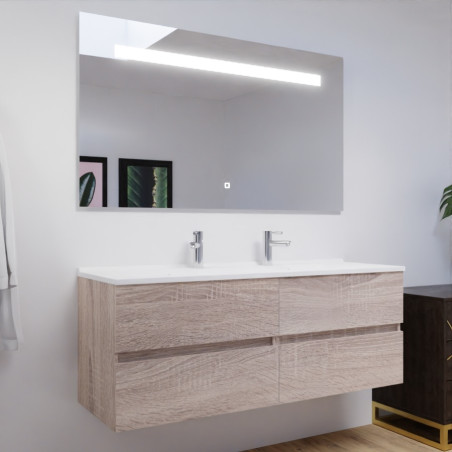 Meuble salle de bain double vasque suspendu 140 cm avec plan vasque ROSALY et miroir led Elegance h80 cm - Cambrian Oak Chêne
