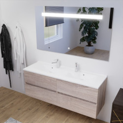Meuble salle de bain double vasque suspendu 140 cm avec plan vasque ROSALY et miroir led Elegance h80 cm - Cambrian Oak Chêne