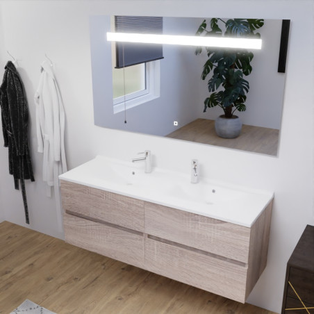 Meuble salle de bain double vasque suspendu 140 cm avec plan vasque ROSALY et miroir led Elegance h80 cm - Cambrian Oak Chêne
