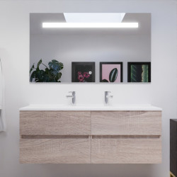 Meuble salle de bain double vasque suspendu 140 cm avec plan vasque ROSALY et miroir led Elegance h80 cm - Cambrian Oak Chêne