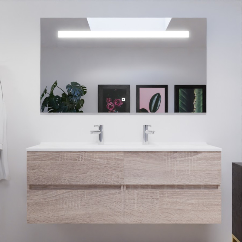 Meuble salle de bain double vasque suspendu 140 cm avec plan vasque ROSALY et miroir led Elegance h80 cm - Cambrian Oak Chêne Meuble salle de bain double vasque suspendu 140 cm avec plan vasque ROSALY et miroir led Elegance h80 cm - Cambrian Oak Chêne