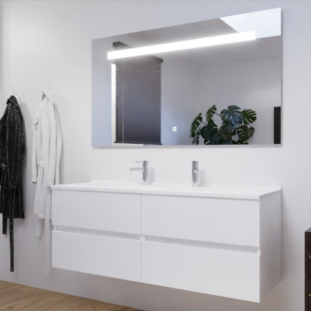 Meuble salle de bain double vasque suspendu 140 cm avec plan vasque ROSALY et miroir led Elegance h80 cm - Blanc brillant
