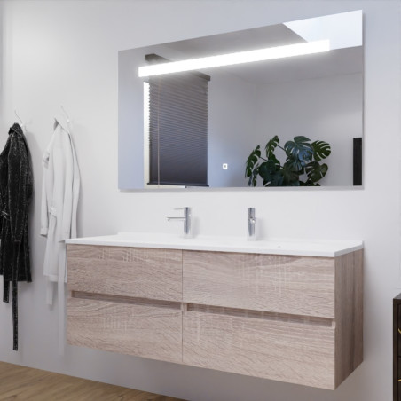 Meuble salle de bain double vasque suspendu 140 cm avec plan vasque ROSALY et miroir led Elegance h80 cm - Cambrian Oak Chêne