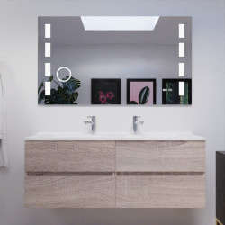 Meuble salle de bain double vasque suspendu 140 cm avec plan vasque ROSALY et miroir Excellence - Cambrian Oak Chêne