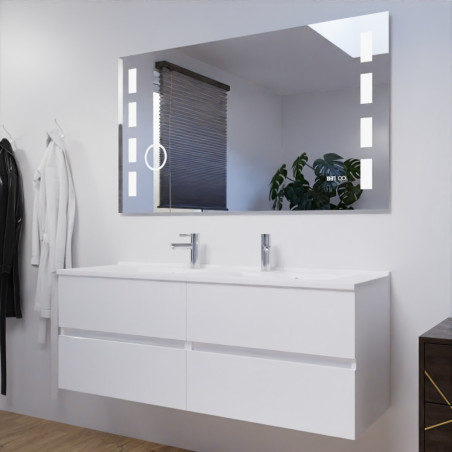 Meuble salle de bain double vasque suspendu 140 cm avec plan vasque ROSALY et miroir Excellence - Blanc brillant