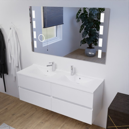 Meuble salle de bain double vasque suspendu 140 cm avec plan vasque ROSALY et miroir Excellence - Blanc brillant