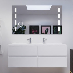 Meuble salle de bain double vasque suspendu 140 cm avec plan vasque ROSALY et miroir Excellence - Blanc brillant