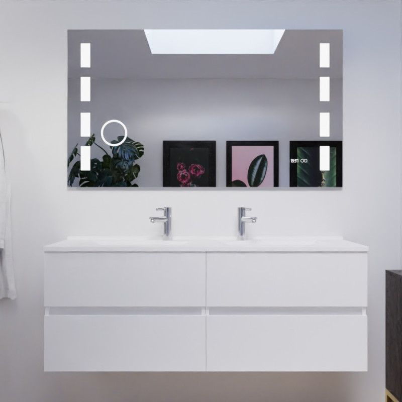 Meuble salle de bain double vasque suspendu 140 cm avec plan vasque ROSALY et miroir Excellence - Blanc brillant Meuble salle de bain double vasque suspendu 140 cm avec plan vasque ROSALY et miroir Excellence - Blanc brillant