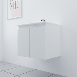 Meuble salle de bain suspendu 70 cm avec porte pivotante et plan vasque PROLINE - Blanc brillant