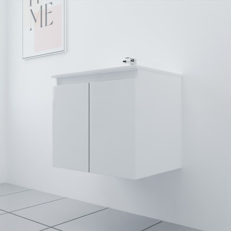 Meuble salle de bain suspendu 70 cm avec porte pivotante et plan vasque PROLINE - Blanc brillant