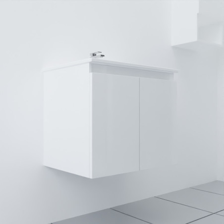 Meuble salle de bain suspendu 70 cm avec porte pivotante et plan vasque PROLINE - Blanc brillant