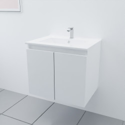 Meuble salle de bain suspendu 70 cm avec porte pivotante et plan vasque PROLINE - Blanc brillant
