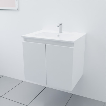 Meuble salle de bain suspendu 70 cm avec porte pivotante et plan vasque PROLINE - Blanc brillant