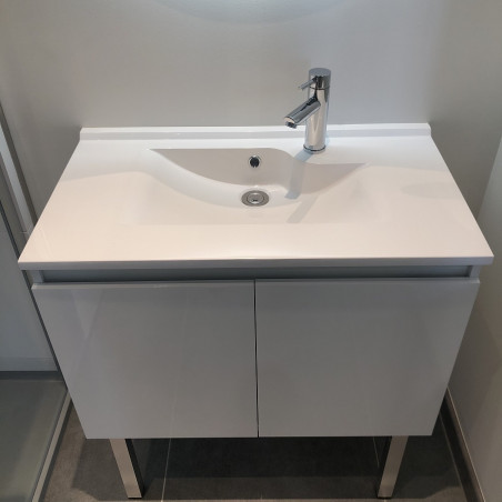 Meuble salle de bain suspendu 70 cm avec porte pivotante et plan vasque PROLINE - Blanc brillant