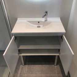 Meuble salle de bain suspendu 70 cm avec porte pivotante et plan vasque PROLINE - Blanc brillant