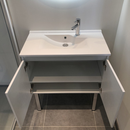 Meuble salle de bain suspendu 70 cm avec porte pivotante et plan vasque PROLINE - Blanc brillant