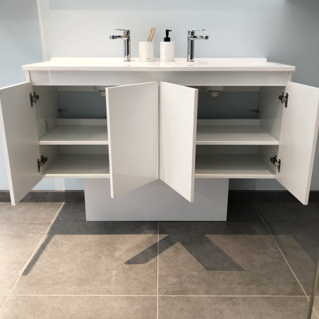 Meuble salle de bain double vasque suspendu 120 cm avec porte pivotante et plan vasque PROLINE - Blanc brillant