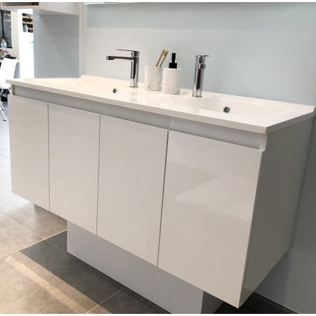 Meuble salle de bain double vasque suspendu 120 cm avec porte pivotante et plan vasque PROLINE - Blanc brillant