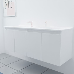 Meuble salle de bain double vasque suspendu 140 cm avec porte pivotante et plan vasque PROLINE - Blanc brillant