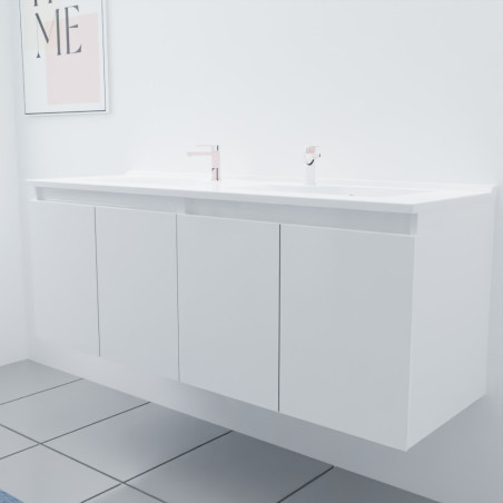 Meuble salle de bain double vasque suspendu 140 cm avec porte pivotante et plan vasque PROLINE - Blanc brillant