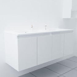 Meuble salle de bain double vasque suspendu 140 cm avec porte pivotante et plan vasque PROLINE - Blanc brillant