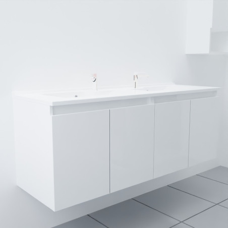 Meuble salle de bain double vasque suspendu 140 cm avec porte pivotante et plan vasque PROLINE - Blanc brillant