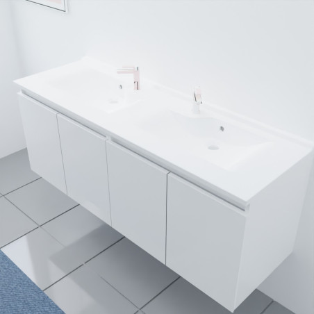 Meuble salle de bain double vasque suspendu 140 cm avec porte pivotante et plan vasque PROLINE - Blanc brillant