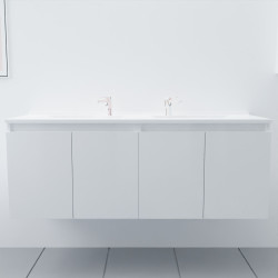 Meuble salle de bain double vasque suspendu 140 cm avec porte pivotante et plan vasque PROLINE - Blanc brillant