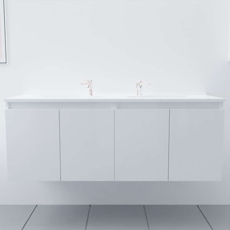 Meuble salle de bain double vasque suspendu 140 cm avec porte pivotante et plan vasque PROLINE - Blanc brillant Meuble salle de bain double vasque suspendu 140 cm avec porte pivotante et plan vasque PROLINE - Blanc brillant