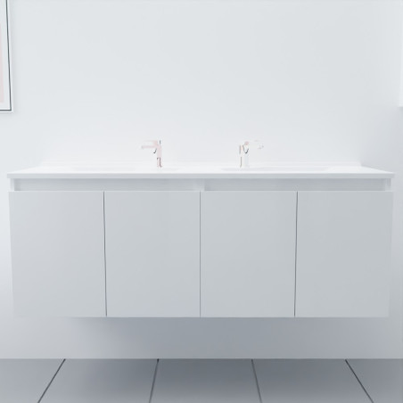 Meuble salle de bain double vasque suspendu 140 cm avec porte pivotante et plan vasque PROLINE - Blanc brillant