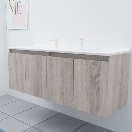 Meuble salle de bain double vasque suspendu 140 cm avec porte pivotante et plan vasque PROLINE - Cambrian Oak Chêne
