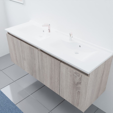 Meuble salle de bain double vasque suspendu 140 cm avec porte pivotante et plan vasque PROLINE - Cambrian Oak Chêne
